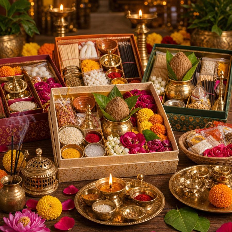 Sidhiti pooja kit essentials - kalasha, coconut, flowers and thali